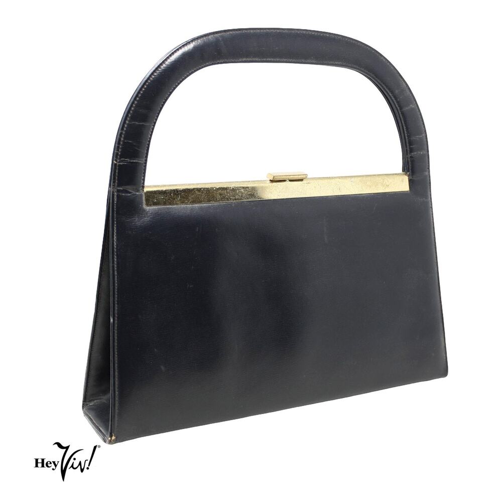 Vintage 50s Navy Blue Structured Handbag Metal Frame Top Handle Purse - Hey Viv
